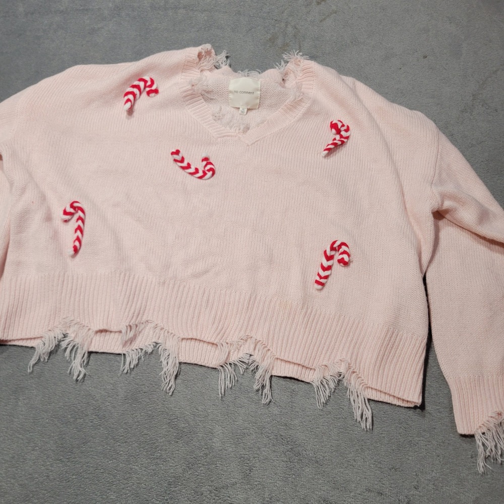 No‎ Comment Sweater Womens XL Pink Candy Cane Distressed V-Neck Holiday RS634052